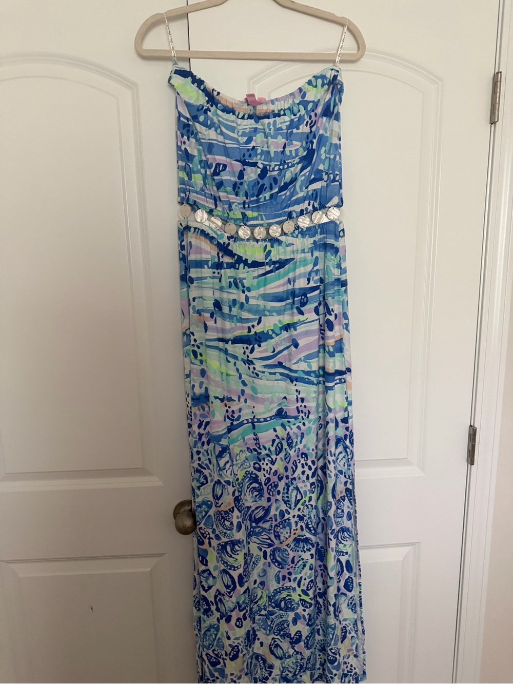 Lily Pultizer Multi-Print Strapless Maxi Dress with shells